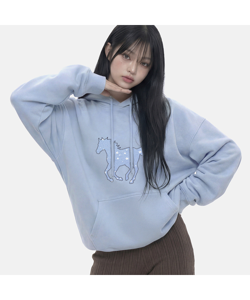 GRAVER（グレーバー）の「[ユニセックス]COSMIC PONY フードパーカー_4カラー（パーカー・レディース・スカイブルー/ホワイト/ブラック/杢グレー・SMALL/MEDIUM/LARGE）」の4枚目の写真