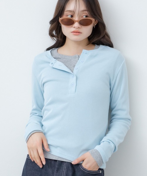 ヘンリーネックリブカットソー / 長袖 Tシャツ カットソー トップス 春
