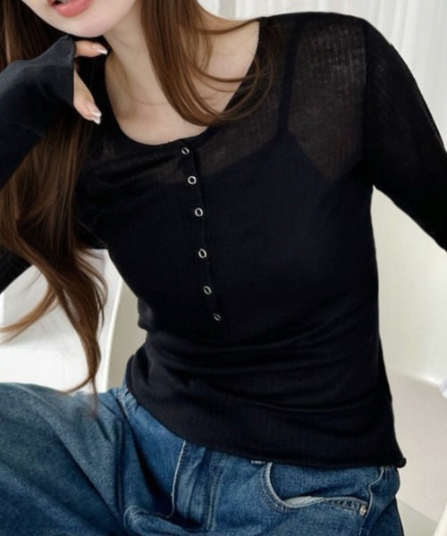 Ada.(エイダ)の「シアー テレコ ヘンリー ネック プルオーバー(Tシャツ/カットソー・レディース・アイボリー/ブラック/オフホワイト・FREE)」の20枚目の写真