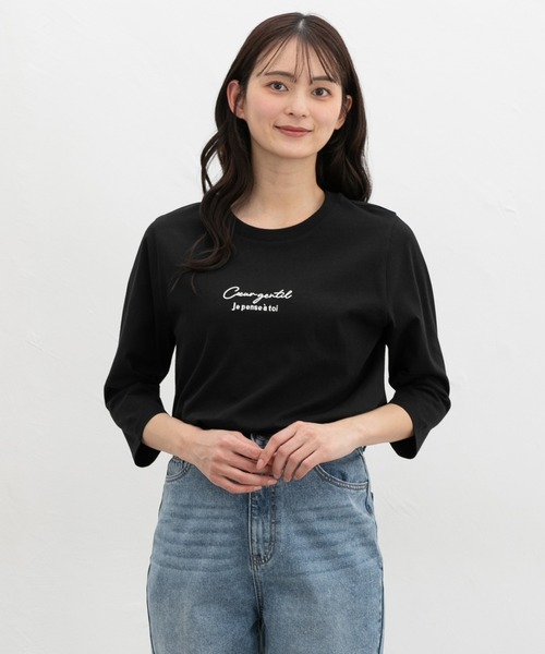 Honeys(ハニーズ)の「【UVカット】こだわり綿7分袖ロゴT(Tシャツ/カットソー・レディース・オフホワイト/ブラック/サックスブルー/グレイッシュベージュ/ネイビー・S/M/LL/L)」の11枚目の写真