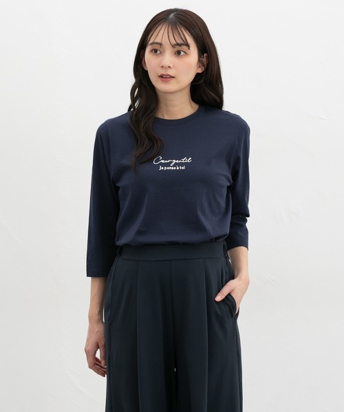 Honeys(ハニーズ)の「【UVカット】こだわり綿7分袖ロゴT(Tシャツ/カットソー・レディース・オフホワイト/ブラック/サックスブルー/グレイッシュベージュ/ネイビー・S/M/LL/L)」の13枚目の写真