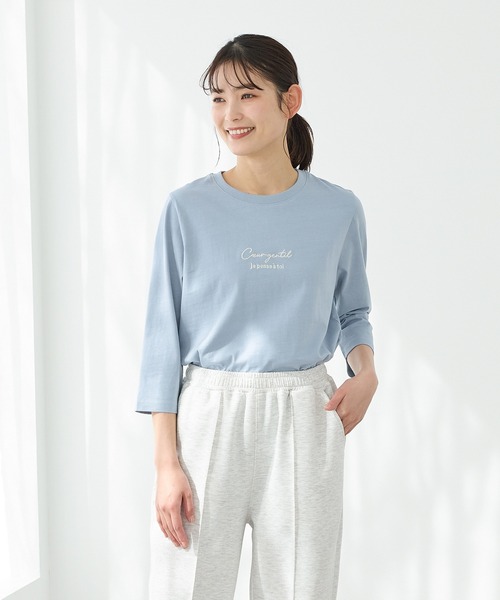 Honeys(ハニーズ)の「【UVカット】こだわり綿7分袖ロゴT(Tシャツ/カットソー・レディース・オフホワイト/ブラック/サックスブルー/グレイッシュベージュ/ネイビー・S/M/LL/L)」の16枚目の写真