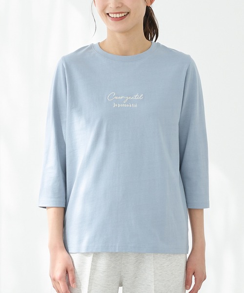 Honeys(ハニーズ)の「【UVカット】こだわり綿7分袖ロゴT(Tシャツ/カットソー・レディース・オフホワイト/ブラック/サックスブルー/グレイッシュベージュ/ネイビー・S/M/LL/L)」の17枚目の写真