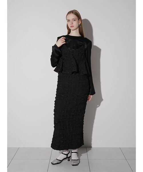 :ETHROF(イーサオブ)の「PEPLUM FRILL JACQUARD CAMISOLE DRESS(ワンピース・レディース・ブラック/ホワイト・MEDIUM)」の2枚目の写真