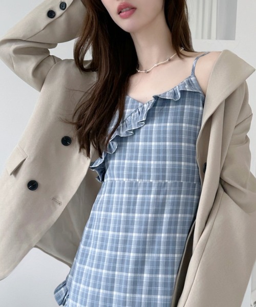 Ada.(エイダ)の「オールシーズン対応/チェック柄 アシメフリル ロング キャミワンピース(ワンピース・レディース・ブラック/ブラウン系その他/ライトブルー・S/M)」の9枚目の写真