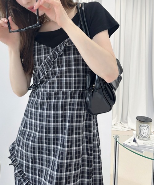 Ada.(エイダ)の「オールシーズン対応/チェック柄 アシメフリル ロング キャミワンピース(ワンピース・レディース・ブラック/ブラウン系その他/ライトブルー・S/M)」の15枚目の写真