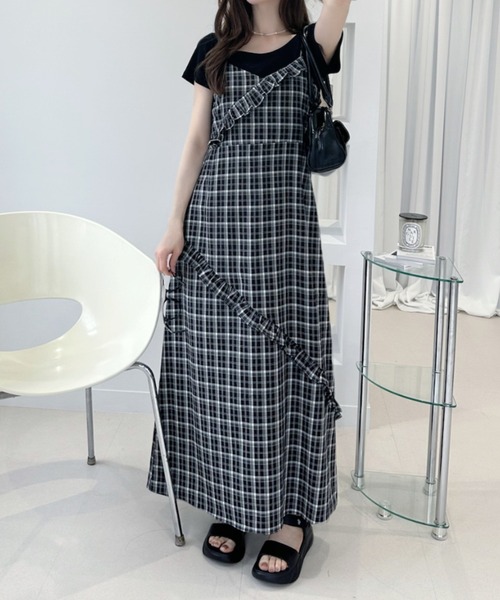 Ada.(エイダ)の「オールシーズン対応/チェック柄 アシメフリル ロング キャミワンピース(ワンピース・レディース・ブラック/ブラウン系その他/ライトブルー・S/M)」の16枚目の写真