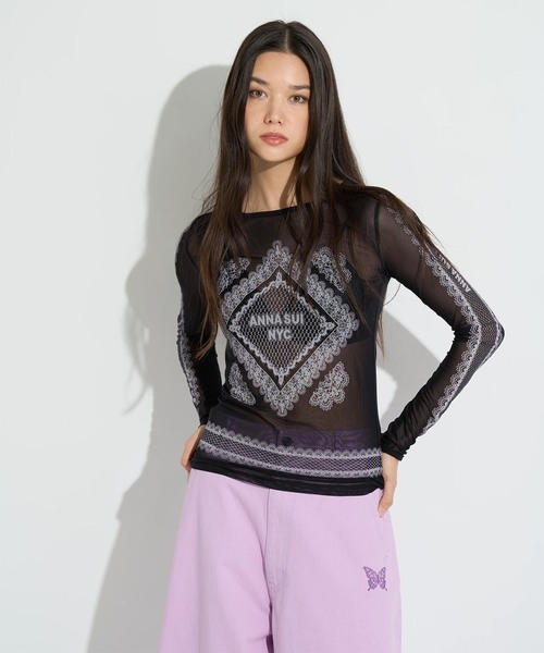 anna sui nyc(アナ スイ エヌ ワイ シー)の「ANNA SUI NYC / アナスイエヌワイシー レースプリントシアトップ(Tシャツ/カットソー・レディース・ブラック/パープル/ベージュ・FREE)」の1枚目の写真