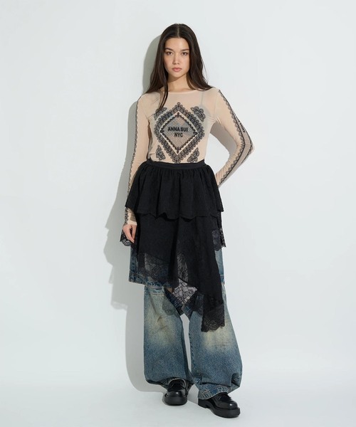 anna sui nyc(アナ スイ エヌ ワイ シー)の「ANNA SUI NYC / アナスイエヌワイシー レースプリントシアトップ(Tシャツ/カットソー・レディース・ブラック/パープル/ベージュ・FREE)」の6枚目の写真