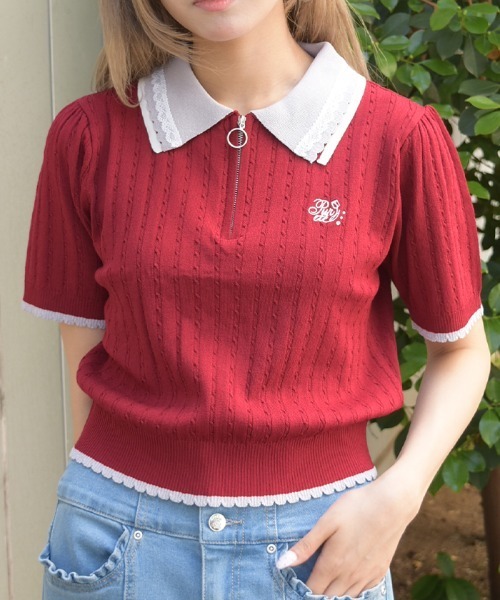 axes femme(アクシーズファム)の「刺繍入りジップニットポロ(ニット/セーター・レディース・イエロー/ピンク/グレイッシュベージュ/レッド/ブラック・FREE)」の5枚目の写真