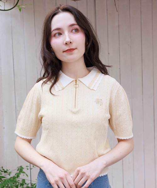 刺繍入りジップニットポロ(ニット/セーター)|axes femme 刺繍入りジップニットポロ(ニット/セーター)|axes femme
