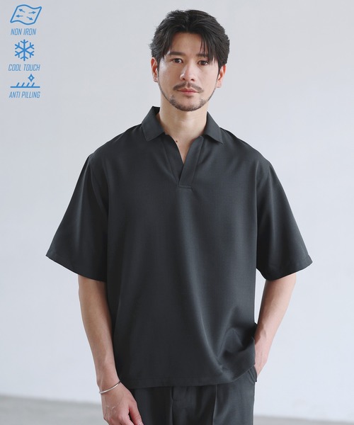 SPU（スプ）の「【セットアップ対応】防シワ・防ピリング・接触冷感　機能性素材テックリネン半袖スキッパーシャツ（シャツ/ブラウス・メンズ・ブラック/チャコール/ナチュラル/ネイビー・XL/L/M/S）」の3枚目の写真