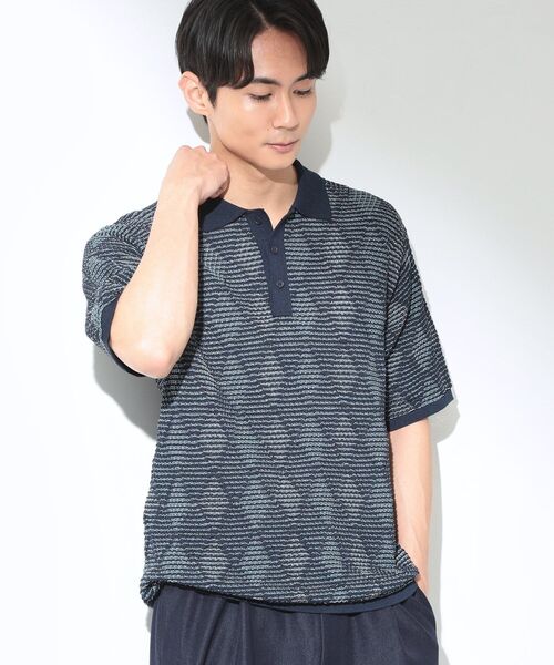 THE SHOP TK （ザ ショップ ティーケー ）の「【主張しすぎない配色バランス】アーガイルメッシュポロ半袖Tシャツ 洗濯機OK（ニット/セーター・メンズ・ブラック/ブルー・02/03/04）」の2枚目の写真