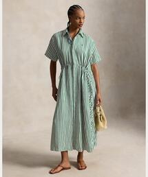 ストライプド リネンコットン ドローコード シャツドレス