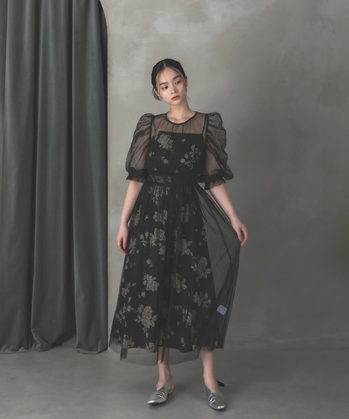 Rose of Sharon(ローズオブシャロン)の「シアーレイヤード花柄パフ袖ドレス(ドレス・レディース・ベージュ/ベージュ×ブラック/ブラック/ブルー・S/M)」の5枚目の写真