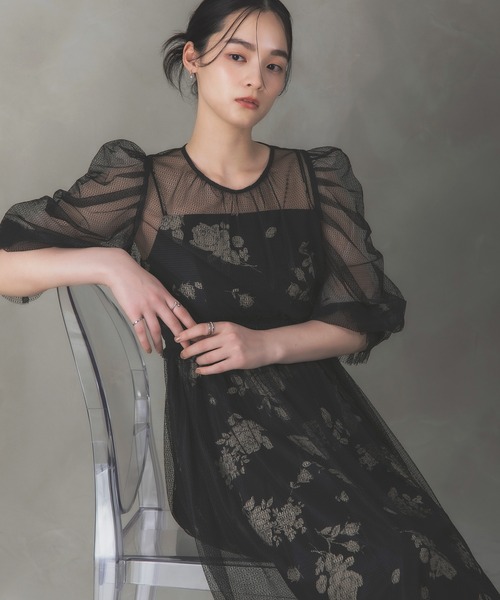 Rose of Sharon(ローズオブシャロン)の「シアーレイヤード花柄パフ袖ドレス(ドレス・レディース・ベージュ/ベージュ×ブラック/ブラック/ブルー・S/M)」の6枚目の写真