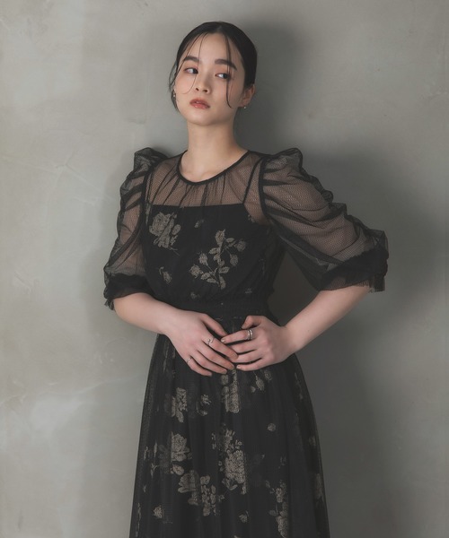Rose of Sharon(ローズオブシャロン)の「シアーレイヤード花柄パフ袖ドレス(ドレス・レディース・ベージュ/ベージュ×ブラック/ブラック/ブルー・S/M)」の7枚目の写真
