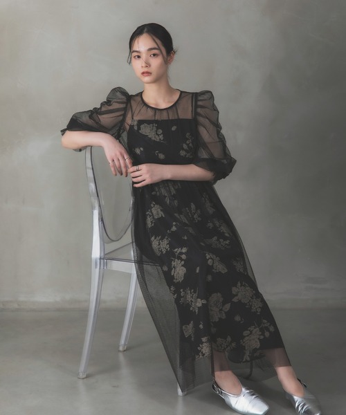 Rose of Sharon(ローズオブシャロン)の「シアーレイヤード花柄パフ袖ドレス(ドレス・レディース・ベージュ/ベージュ×ブラック/ブラック/ブルー・S/M)」の8枚目の写真