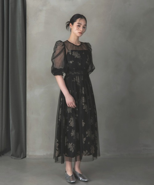 Rose of Sharon(ローズオブシャロン)の「シアーレイヤード花柄パフ袖ドレス(ドレス・レディース・ベージュ/ベージュ×ブラック/ブラック/ブルー・S/M)」の10枚目の写真