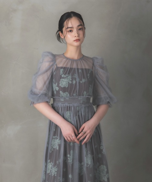 Rose of Sharon(ローズオブシャロン)の「シアーレイヤード花柄パフ袖ドレス(ドレス・レディース・ベージュ/ベージュ×ブラック/ブラック/ブルー・S/M)」の12枚目の写真