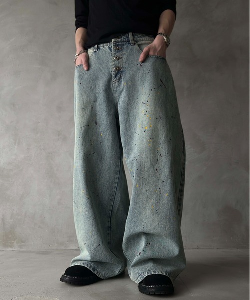 WISH FOR EVER(ウィッシュフォーエバー)の「【 2color / 3size 】PAINT WIDE DENIM PANTS/ペイントワイドデニムパンツ(デニムパンツ・メンズ・ブラック/インディゴブルー・SMALL/MEDIUM/LARGE)」の13枚目の写真