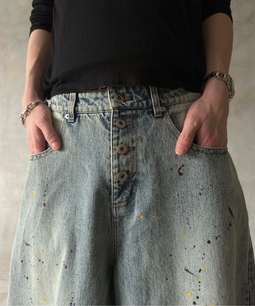 WISH FOR EVER(ウィッシュフォーエバー)の「【 2color / 3size 】PAINT WIDE DENIM PANTS/ペイントワイドデニムパンツ(デニムパンツ・メンズ・ブラック/インディゴブルー・SMALL/MEDIUM/LARGE)」の15枚目の写真