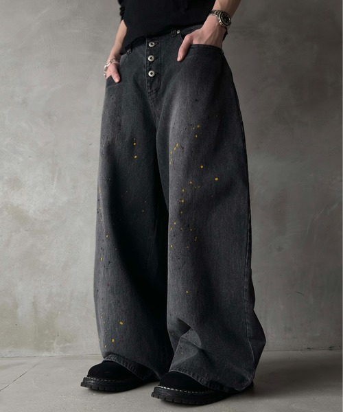 WISH FOR EVER(ウィッシュフォーエバー)の「【 2color / 3size 】PAINT WIDE DENIM PANTS/ペイントワイドデニムパンツ(デニムパンツ・メンズ・ブラック/インディゴブルー・SMALL/MEDIUM/LARGE)」の6枚目の写真