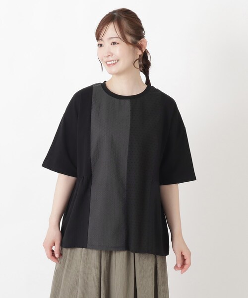 one'sterrace(ワンズテラス)の「パッチワーク5分袖プルオーバー(Tシャツ/カットソー・レディース・ブラック系8/ライトグリーン系/アイボリー系8・02)」の2枚目の写真