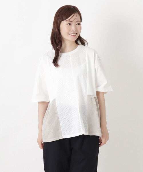 one'sterrace(ワンズテラス)の「パッチワーク5分袖プルオーバー(Tシャツ/カットソー・レディース・ブラック系8/ライトグリーン系/アイボリー系8・02)」の1枚目の写真