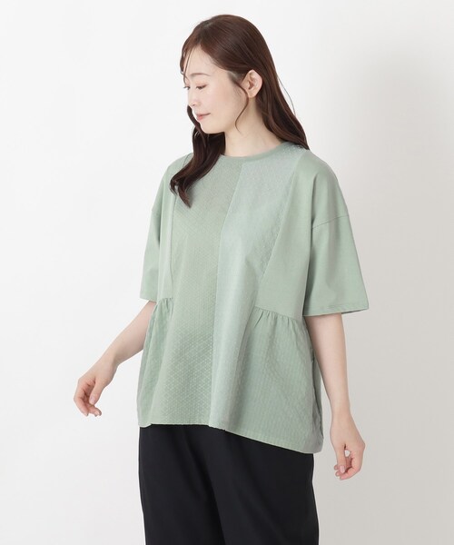 one'sterrace(ワンズテラス)の「パッチワーク5分袖プルオーバー(Tシャツ/カットソー・レディース・ブラック系8/ライトグリーン系/アイボリー系8・02)」の3枚目の写真
