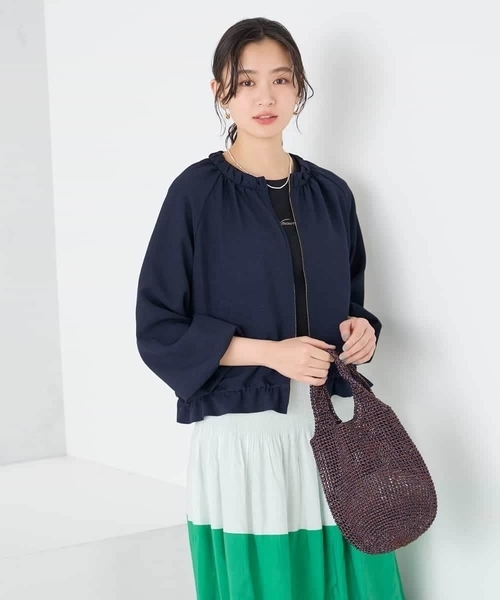 a.v.v(アーヴェヴェ)の「【接触冷感/UVカット】リネンライクノーカラージップブルゾン【セットアップ対応/アンチピリング】(ノーカラージャケット・レディース・グレー系その他/ネイビー・38/40/36)」の11枚目の写真