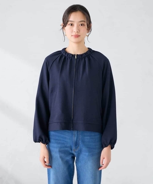 a.v.v(アーヴェヴェ)の「【接触冷感/UVカット】リネンライクノーカラージップブルゾン【セットアップ対応/アンチピリング】(ノーカラージャケット・レディース・グレー系その他/ネイビー・38/40/36)」の22枚目の写真