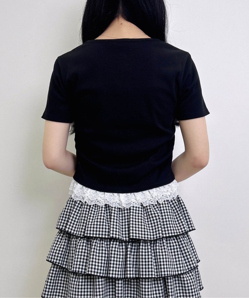 INGNI（イング）の「レースハートロゴ裾レース出しリブトップス（Tシャツ/カットソー・レディース・ブラック/サックスブルー/ライトピンク・M）」の8枚目の写真