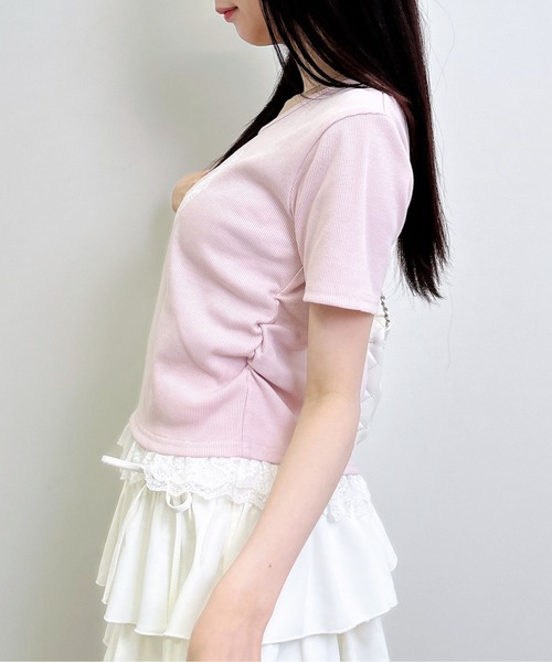 INGNI（イング）の「レースハートロゴ裾レース出しリブトップス（Tシャツ/カットソー・レディース・ブラック/サックスブルー/ライトピンク・M）」の14枚目の写真