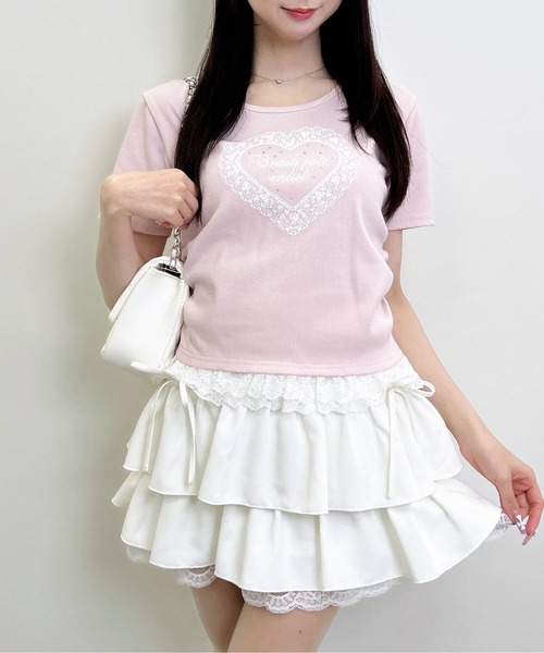 INGNI（イング）の「レースハートロゴ裾レース出しリブトップス（Tシャツ/カットソー・レディース・ブラック/サックスブルー/ライトピンク・M）」の11枚目の写真