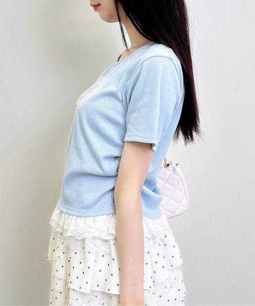 INGNI（イング）の「レースハートロゴ裾レース出しリブトップス（Tシャツ/カットソー・レディース・ブラック/サックスブルー/ライトピンク・M）」の21枚目の写真