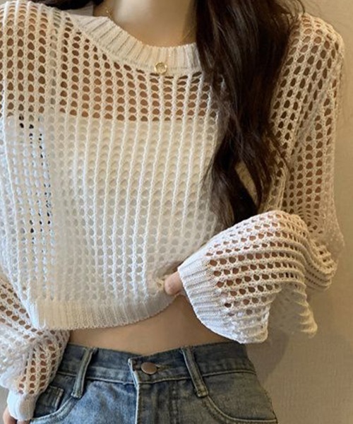 mielu(ミエル)の「クロップドメッシュニットトップス(ニット/セーター・レディース・ブラック/グレー/ホワイト・FREE)」の7枚目の写真