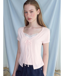 Lace Layered Cardigan T-Shirt, Pink