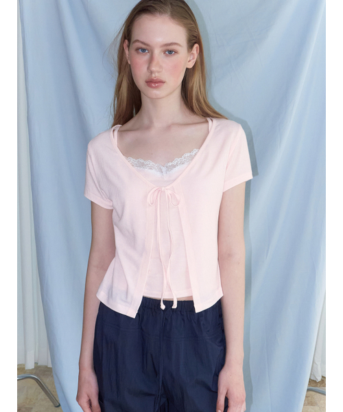 ETMON(エトモン)の「Lace Layered Cardigan T-Shirt, Pink(Tシャツ/カットソー・レディース・その他・F)」の2枚目の写真