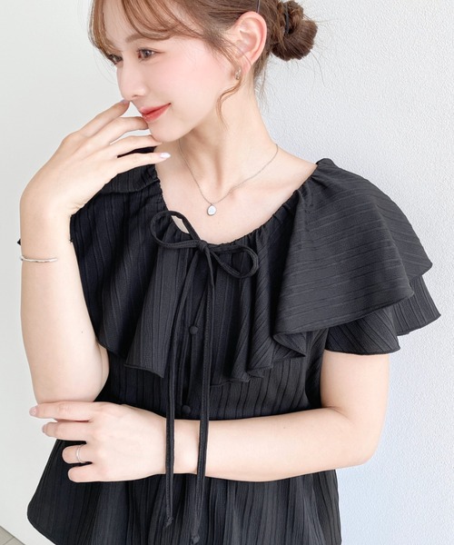 moment+（モーメントプラス）の「ビックフリルカラーブラウス（シャツ/ブラウス・レディース・オフホワイト/サックスブルー/ピンク/ブラック/イエロー・M/L）」の8枚目の写真