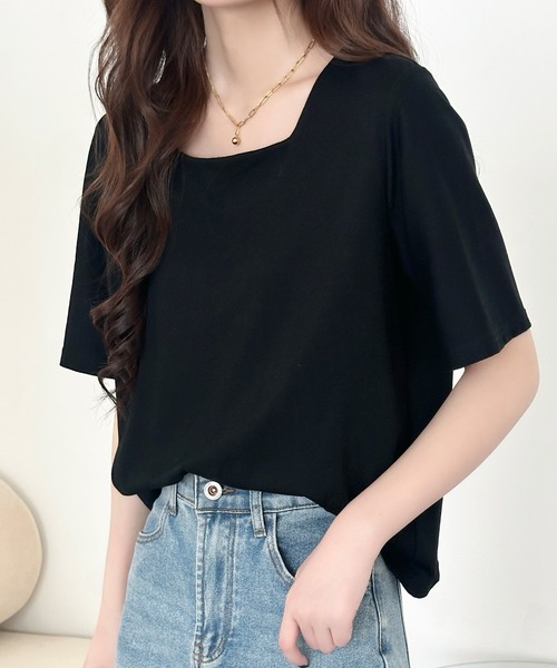 DAY CLOSET（デイ クローゼット）の「【撥水】半袖スクエアネックカットソー レディース（Tシャツ/カットソー・レディース・ブラック/ホワイト/チャコールグレー・M/L）」の3枚目の写真