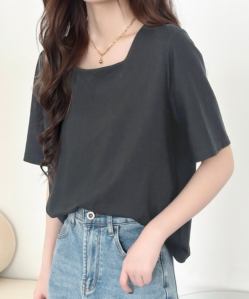 DAY CLOSET（デイ クローゼット）の「【撥水】半袖スクエアネックカットソー レディース（Tシャツ/カットソー・レディース・ブラック/ホワイト/チャコールグレー・M/L）」の14枚目の写真