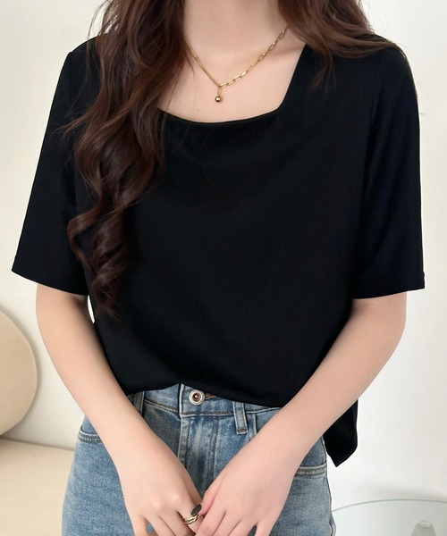 DAY CLOSET（デイ クローゼット）の「【撥水】半袖スクエアネックカットソー レディース（Tシャツ/カットソー・レディース・ブラック/ホワイト/チャコールグレー・M/L）」の9枚目の写真