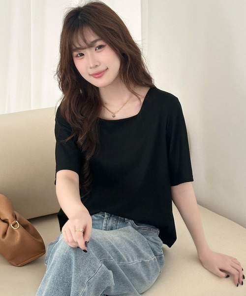 DAY CLOSET（デイ クローゼット）の「【撥水】半袖スクエアネックカットソー レディース（Tシャツ/カットソー・レディース・ブラック/ホワイト/チャコールグレー・M/L）」の11枚目の写真