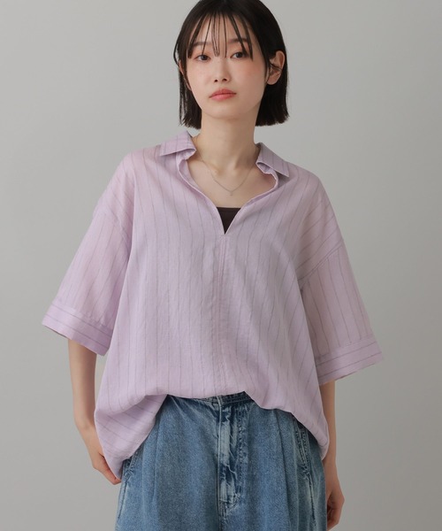 LAKOLE（ラコレ）の「＜多機能ウェア＞リネンMIXスキッパーシャツ / 861556（シャツ/ブラウス・レディース・ブラウン/ラベンダー/ブルー/アイボリー・FREE）」の4枚目の写真