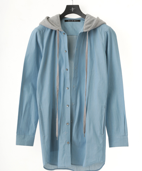 NO ID.（ノーアイディ）の「ms2611-ﾌｰﾄﾞ付ﾃﾞﾆﾑﾛﾝｸﾞSH（シャツ/ブラウス・メンズ・ブルー系その他/ブラック・1/2）」の9枚目の写真