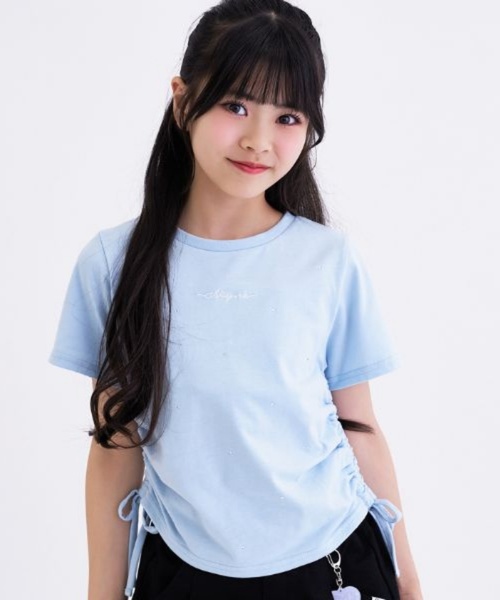 接触冷感】ラインストーン脇ドロストTシャツ（Tシャツ/カットソー