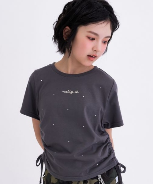 接触冷感】ラインストーン脇ドロストTシャツ（Tシャツ/カットソー