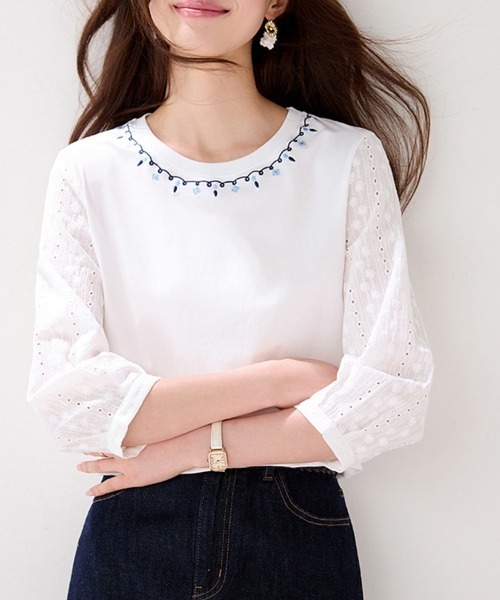 ONEP STAR(ワンピスター)の「刺繍ネックレーススリーブ七分袖ブラウス(シャツ/ブラウス・レディース・ホワイト・MEDIUM/X-LARGE/LARGE)」の4枚目の写真