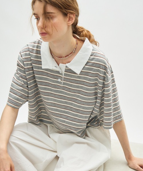 full/fill.(フルフィル)の「border short polo T / ボーダーショートポロT(Tシャツ/カットソー・レディース・ネイビー/グレー・FREE)」の2枚目の写真